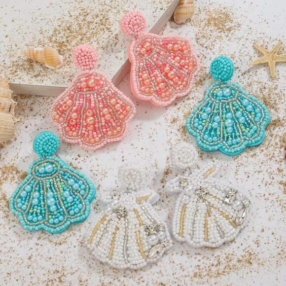 Set of 3 Beaded Seashell Dangle Earrings for Women in Pink, Blue, White - Coasta - Picture 4 of 7